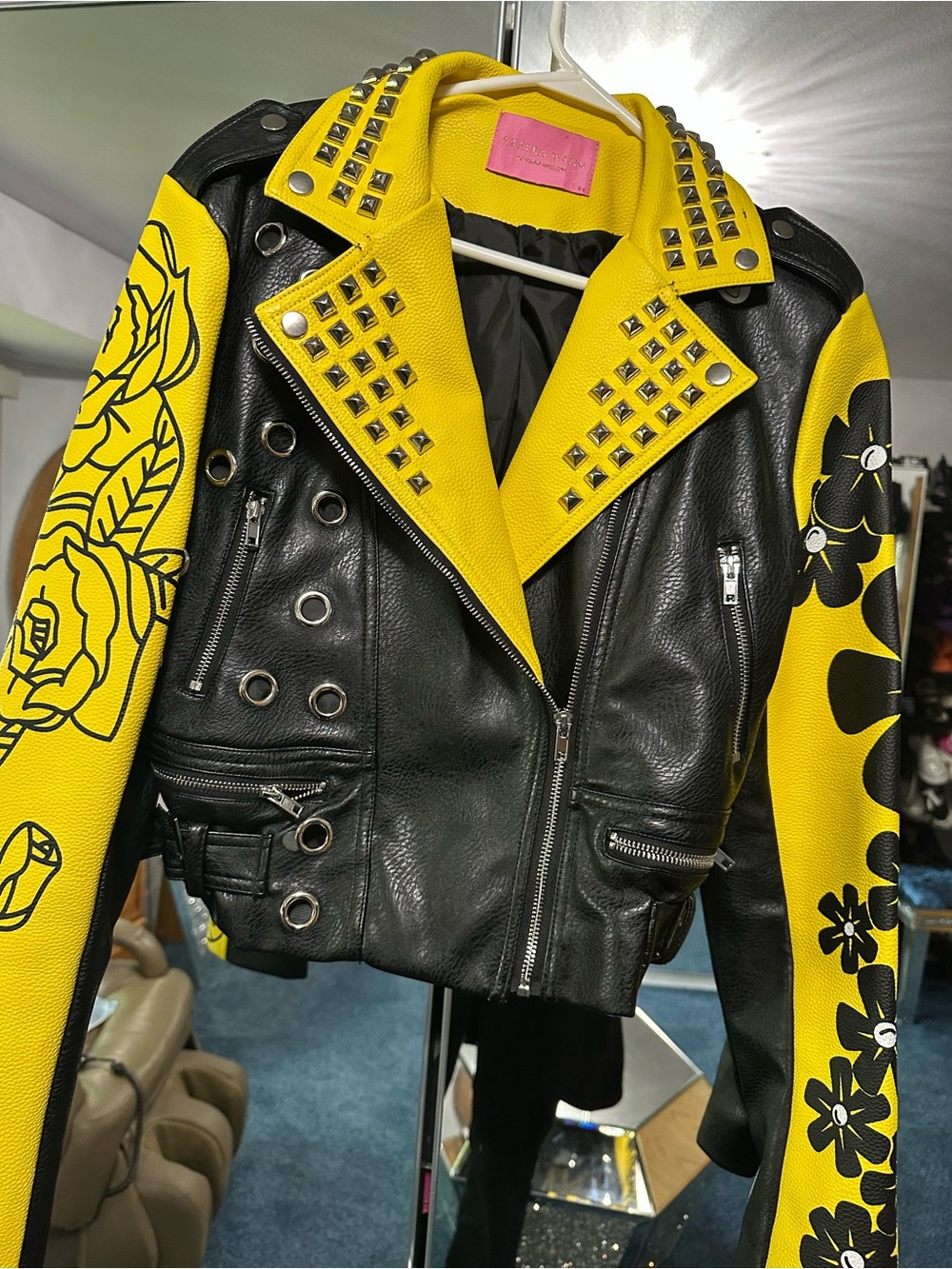 Yellow & Black Floral Studded Leather Biker Jacket